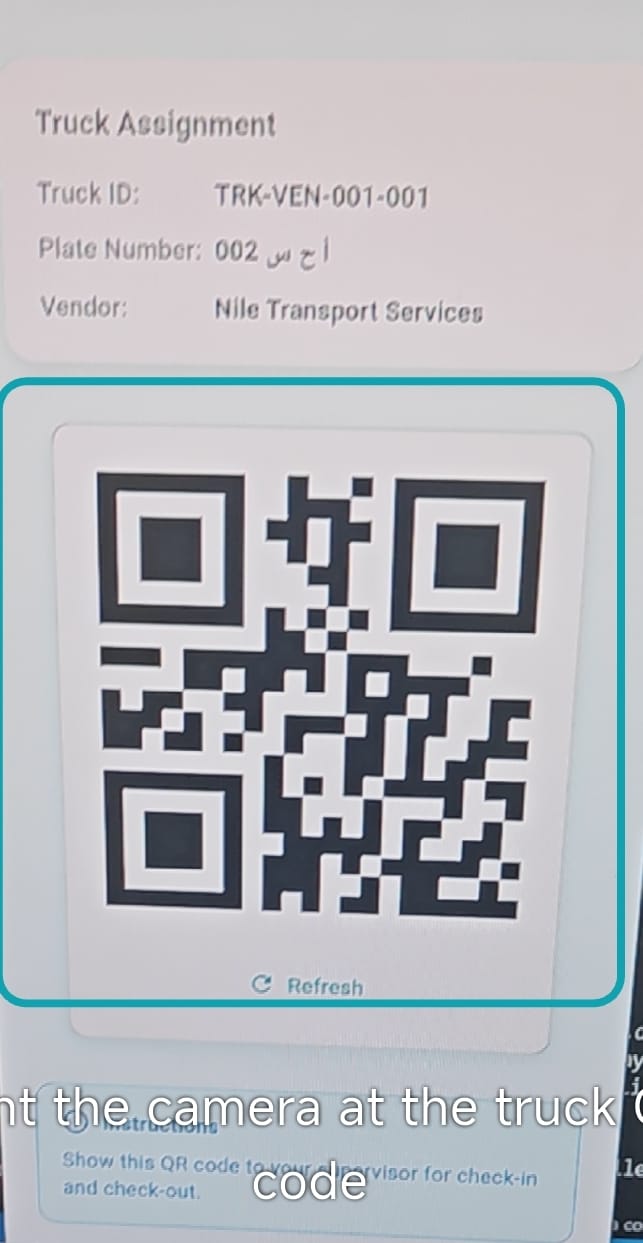 Supervisor QR scan — The field scan screen recognises the assigned truck QR and prepares a GPS-backed attendance action.