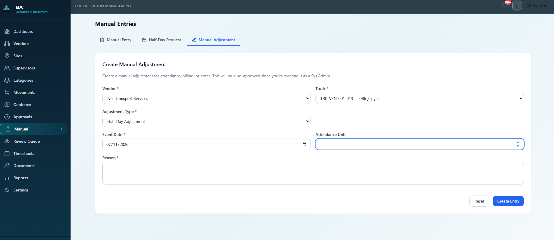 Manual entries and adjustments — Exception workflows let authorised users create operational entries or financial attendance adjustments for approval.