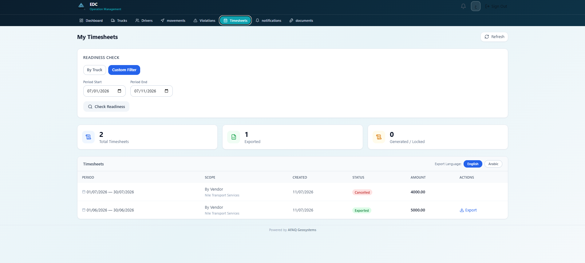 Vendor timesheets — The vendor portal restricts timesheets to the vendor fleet and provides status, totals, and export access.