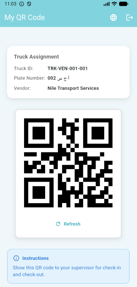 Driver QR application — The driver app displays the assigned truck identity and QR code for supervisor scanning.