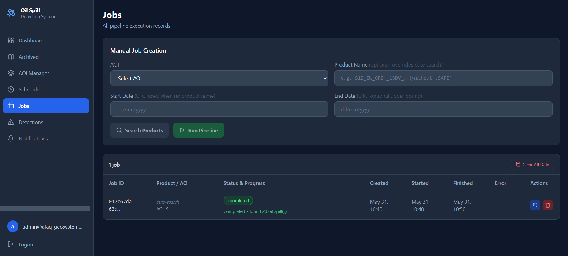 Detection jobs — Manual pipeline controls and the job table expose product dates, lifecycle states, progress, timestamps, and actions.