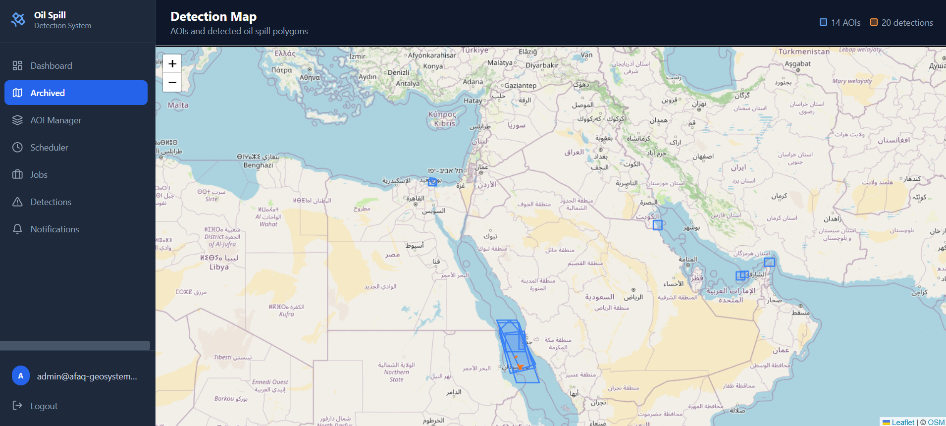 Detection map — AOI outlines and oil-spill polygons are displayed together for spatial review and operator investigation.