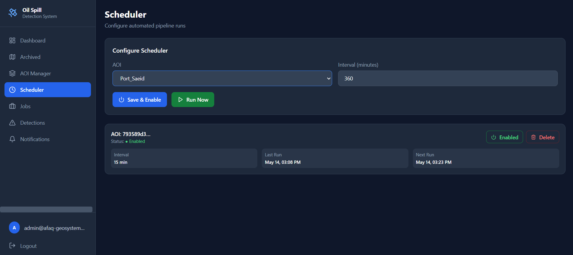 Scheduler configuration — Operators configure monitoring intervals, enable or disable schedules, and launch immediate runs.