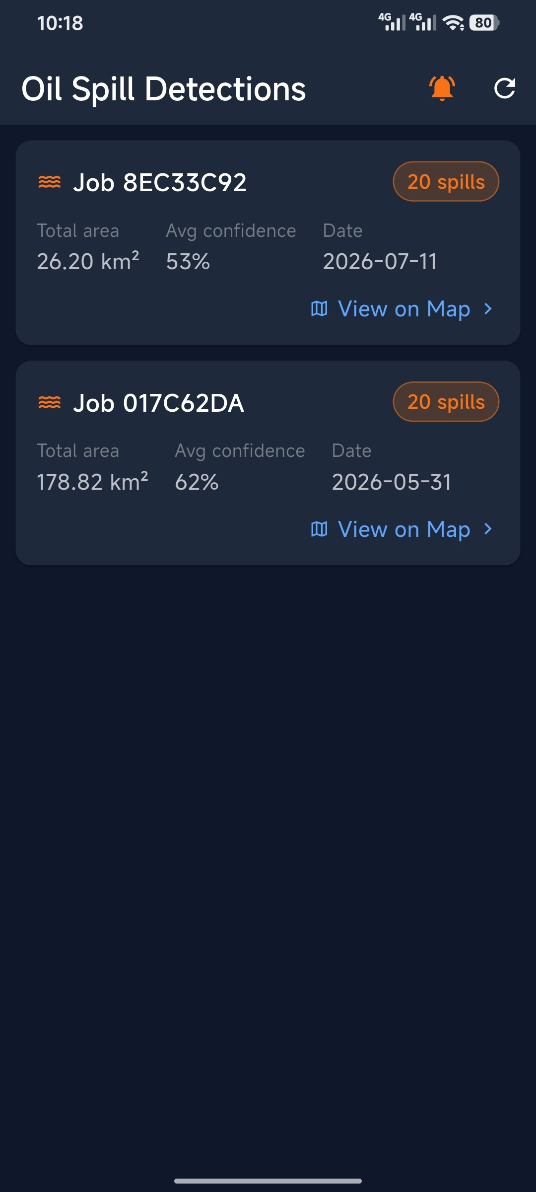 Mobile detection overview — Detection jobs summarised by spill count, total affected area, average confidence, and acquisition date.