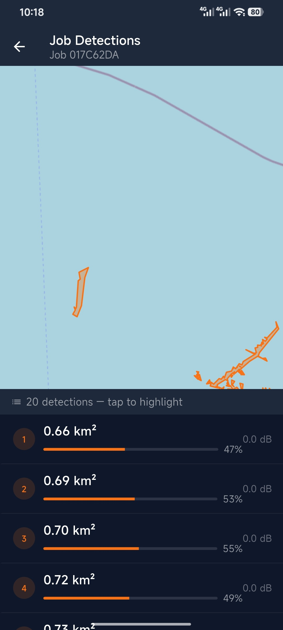 Mobile job detection map — Spill polygons displayed with a linked list of area, backscatter, and confidence values.
