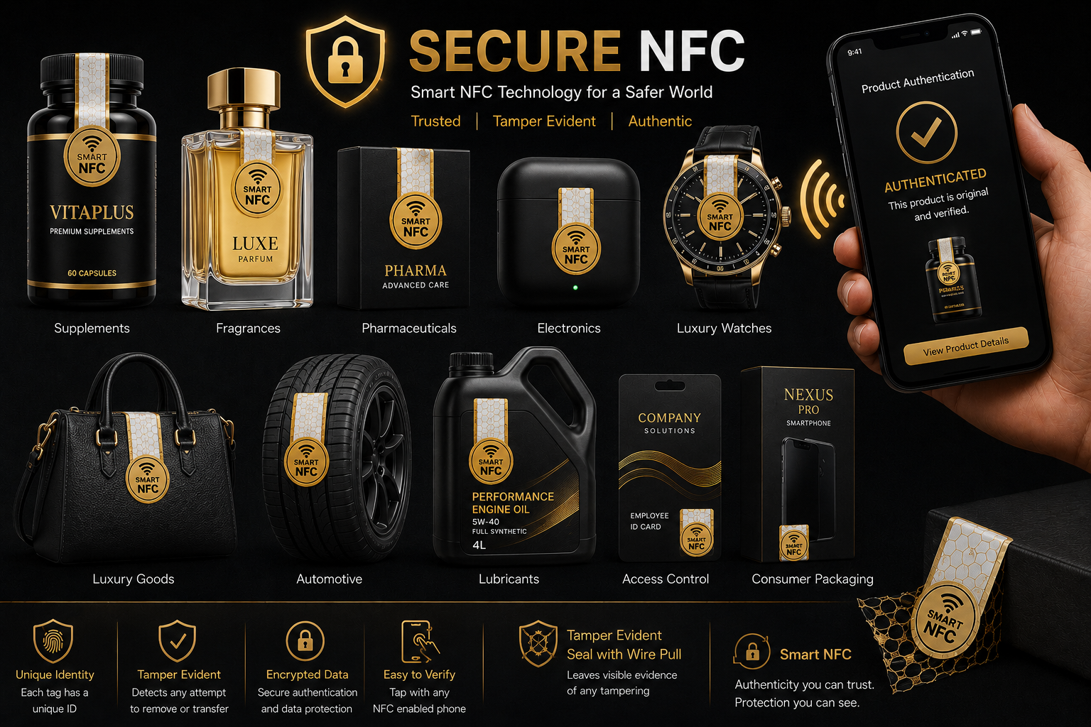 Secure NFC applications — NTAG authentication seals shown across multiple product categories with smartphone verification.